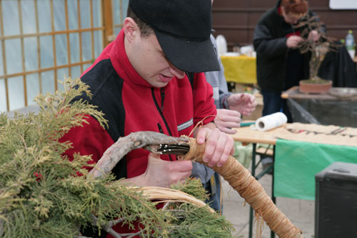 Galaz jest prawie gotowa.Druty lezace w srodku zostaly zamocowane a cala galaz dokladnie owinieta namoczona rafia.Lukasz wykonal dobra robote
